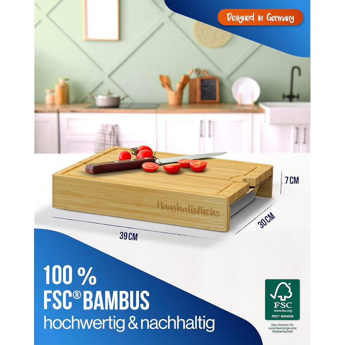 HaushaltsFuchs® Premium 100% FSC® Bamboo Cutting Board with Large Catch Basin, Phone Holder & Juice Groove – XXL Wooden Cutting Board with Stainless Steel Catch Basin - Cutting Board with Tray/Bowl (non-slip)