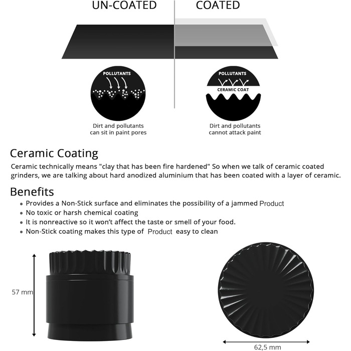 Toothless Herb Grinder Ø 63 mm | Nano-ceramic coated for effortless grinding | 5-piece with built-in storage container in the lid (Black)