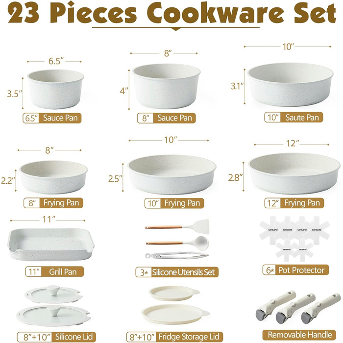 SENSARTE 23-Piece Nonstick Cookware Set - Induction, Dishwasher & Oven Safe - RV Camping Cookware (Black)