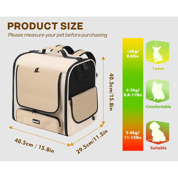 Pecute Рюкзак-переноска для котів та маленьких собак, великий, з вентиляцією, темно-зелений (хакі)