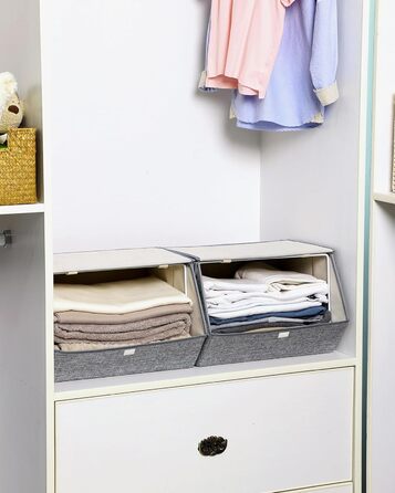 SONGMICS Storage Box, 2-Piece Set, Folding Box, Stackable Fabric Box with Magnetic Flip Lid, Metal Frame, 38 x 26.5/35 x 25, Grey-Beige RLB02GY