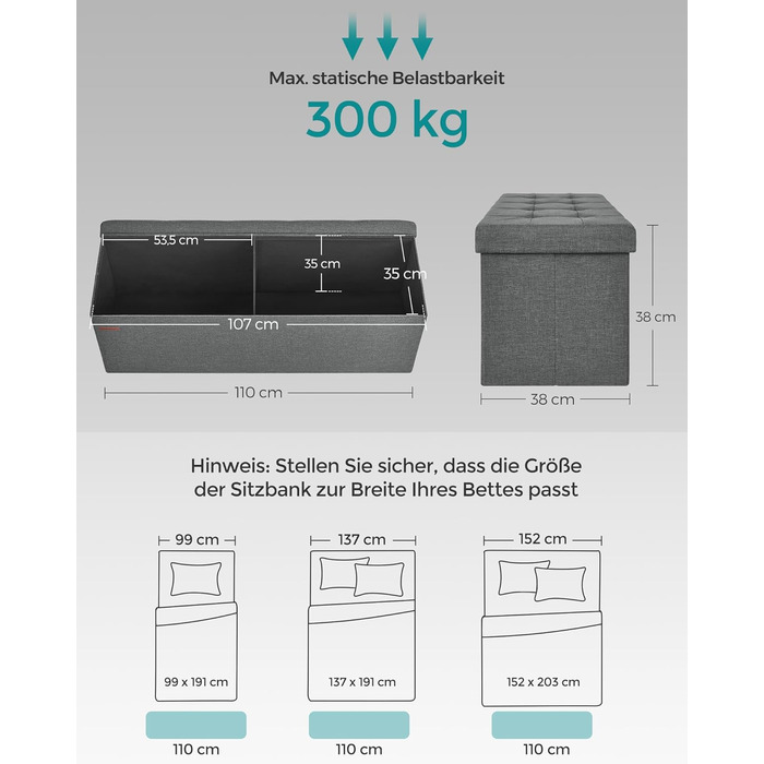SONGMICS Storage Ottoman, Folding Bench, 38 x 110 x 38 cm Footstool, Storage Box, Load Capacity up to 300 kg, for Living Room, Bedroom, Entryway, Slate Grey LSF77K 110B cm Slate Grey