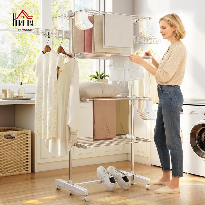 Сушарка для білизни HOMCOM Tower, 4 рівні, з колесами, біла - 142x55x172 см