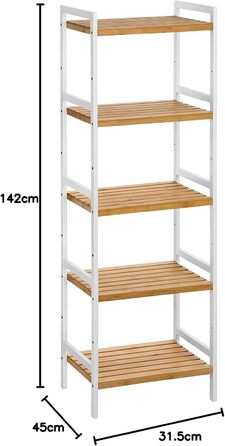 SONGMICS Bamboo Shelf, Kitchen Shelf, Bathroom Shelf, Bookshelf, Freestanding Shelf with 4 Shelves, 45 x 31.5 x 111 cm, for Bathroom, Kitchen, Living Room, Bedroom, Balcony, Natural White-Colored BCB74WN (5 Shelves (142H cm))