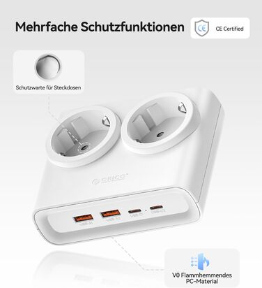 Мережевий адаптер ORICO 25W GaN 6-в-1 білий з 2 розетками AC, 4 USB (2 USB-C PD), кабелем 1.6м, 2500W для дому/офісу