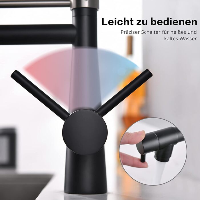 Чорний кухонний змішувач з висувною лійкою, поворотний на 360°, з витяжною насадкою для душу, для високого тиску, чорний, Küchenarmatur Negro