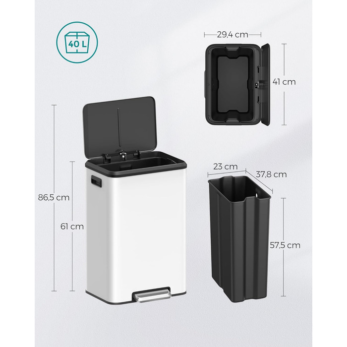 SONGMICS Відро для сміття кухонне, 40 літрів, з кришкою, з педаллю, Softclose, утримання кришки, біле LTB541E40