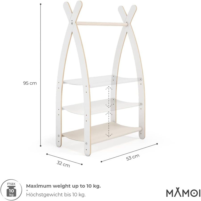 MAMOI® Clothes Rack Baby Nursery | Children's Clothes Rack 106x95x32cm / 53x95x32cm | Children's Clothes Stand Baby | Coat Rack | Baby Wardrobe | Children's Wardrobe | 100% ECO | Made in EU (1 Module - 1 Shelf, White - Beige)