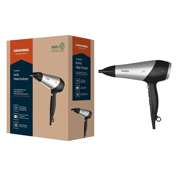 Фен GRUNDIG HD 6080 B 2200 Вт з іонізацією, керамічним покриттям та 3 режимами температури, чорний/срібний (2023)