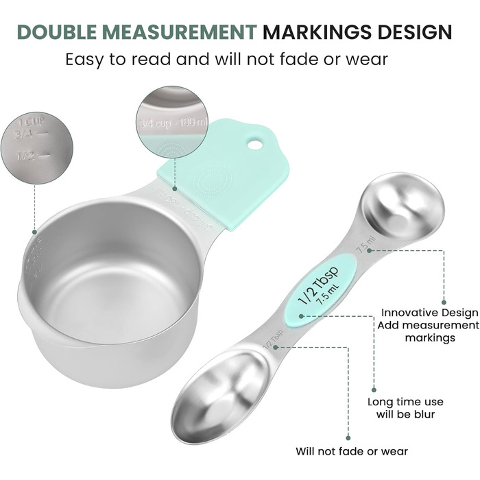 Magnetic Measuring Cup and Spoon Set, Durable 304 Stainless Steel, Double Measuring Markings, 16-Piece Set, with Leveler for Measuring Dry and Liquid Ingredients, Mint Green