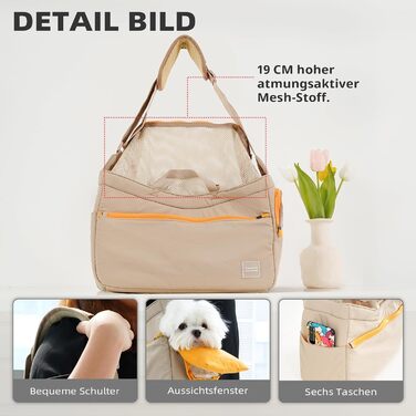 Транспортна сумка для собак, котів та кроликів – складана переноска з безпечним замком, сіткою для вентиляції та бічними кишенями – практична переноска для подорожей (Бежева/Хакі, 34x16x25/40x14x25 см)
