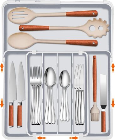 Органайзер для столових приборів ZHUlYIWIN в шухляду, розсувний, з тримачами для ножів (сірий)