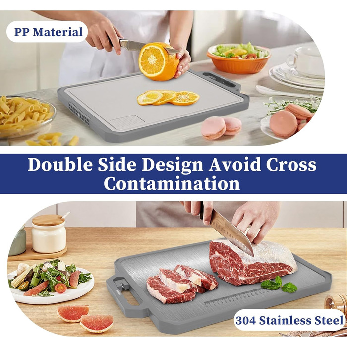 Ніжне нарізне дошка XIAPIA з нержавіючої сталі 304 та пластику з точилкою для ножів, 44x30x2,6 см, велика кухонна дошка з антибактеріальним покриттям, без BPA, з вбудованим ручкою та лінійкою, сіра