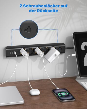 Мережевий фільтр Steckdose 8 в 1 з USB, 3680W, з вимикачем, 16A, 2 USB-C, для смартфонів, ноутбуків, iPad, 1.8M кабель, білий (чорний 5AC)