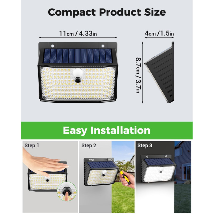 nipify Сонячна лампа з датчиком руху, 168 LED, 3 режими, IP65, для вулиці, саду, тепле та холодне світло, 6 штук