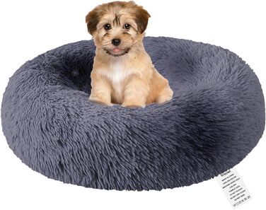 fireowl Donut Dog Bed Large Fluffy: 70cm Soothing Puppy Bed Anti-Anxiety Cat Bed - Plush Pet Bed Round Cozy Washable (L 60 x W 60 x H 20 cm, Grey)