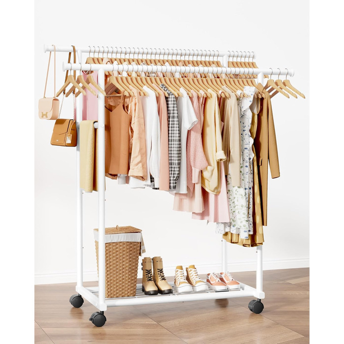 Вешалка для одежды на колесах з подвійною перекладиною та сітчастим дном, 98 x 42 x 150 см, білий