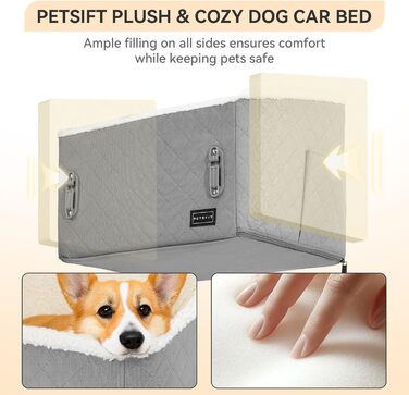 Автомобільний лежак для собак PETFIT - піднятий на 12.5 см, з патентованою системою безпеки, знімний чохол, для собак до 12 кг, біля пасажирського сидіння та на задньому сидінні (Світло-сірий, S)