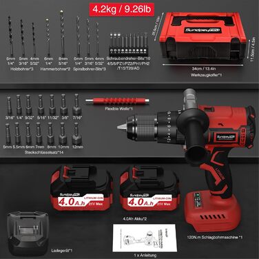 Акумуляторний дриль-шуруповерт SundpeyPRO 21V з перфоратором, 120 Нм, безщітковий двигун, комплект з 2 x 4000mAh акумуляторами, 20+3 ступені крутного моменту, LED-підсвітка