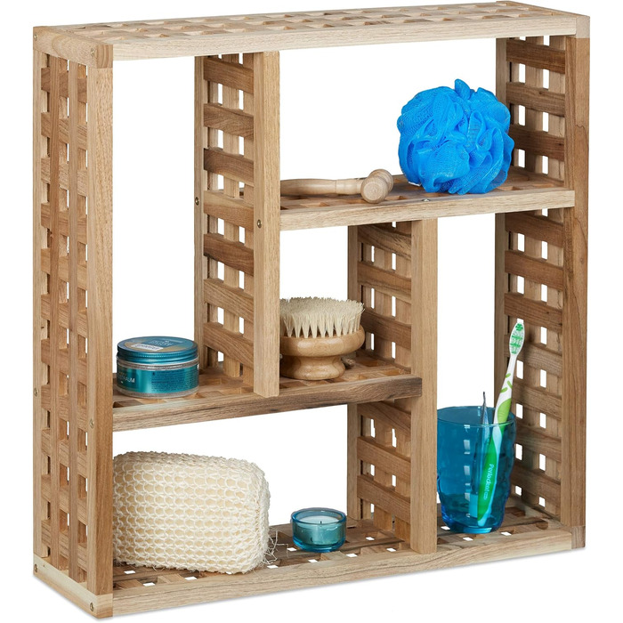 Relaxdays Wall Shelf Bathroom, Walnut with 5 Compartments, for Bathroom, Hallway and Living Room, H x W x D: 50 x 50 x 15 cm, natural