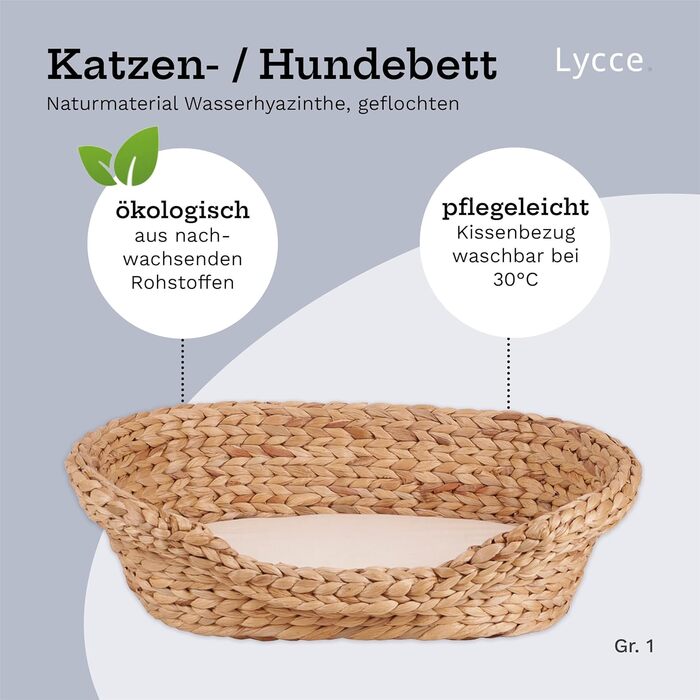 Cat bed, dog bed for small dogs | Washable cushion at 30° | Oval shape with high rim | Water hyacinth | Beds, blankets & furniture for cats | Size 1 (53 x 40 x 14 cm)