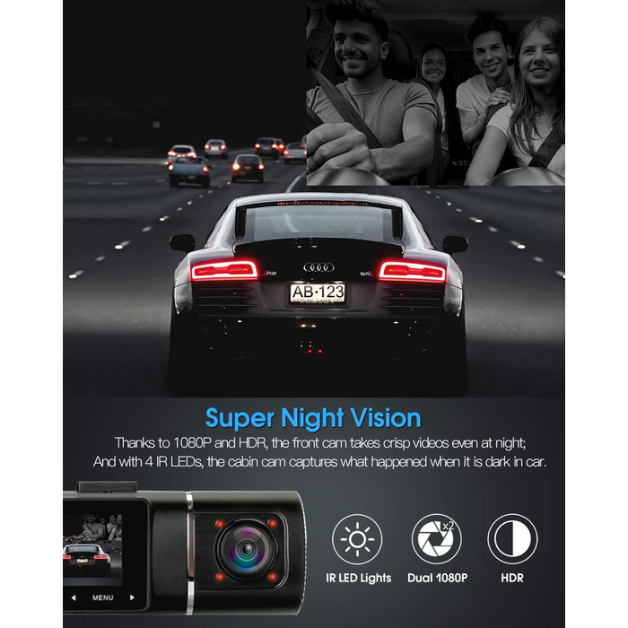 Dashcam Abask J05: Автомобільна камера 1080P з SD 32GB, 310° кут огляду, Park Watch, HDR, Інфрачервоне нічне бачення, G-сенсор, Loop Recording