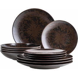 MÄSER Metallic Bronze, 12-piece tableware set for 4 people with a noble, glossy glaze, plate set with dinner plates, soup plates, and dessert plates made of high-quality ceramic stoneware, brown.