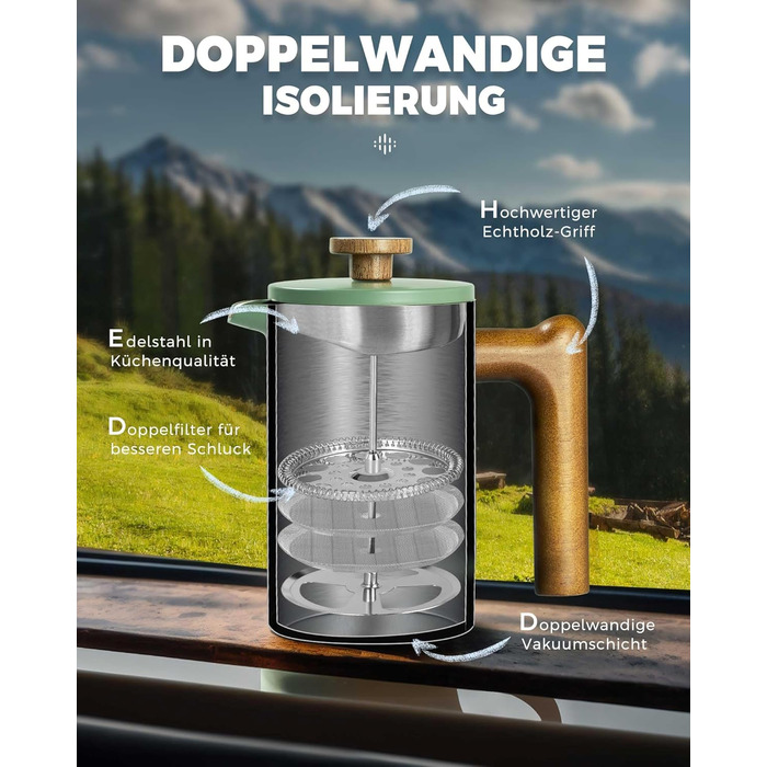 Poliviar French Press Coffee Maker 600 ml/21oz, Double-Walled Insulated Coffee Pot and Tea Maker, Manual Filter Coffee Press with Plunger & Wooden Handle, Flatland (Green) JX2024-SFPN-DE