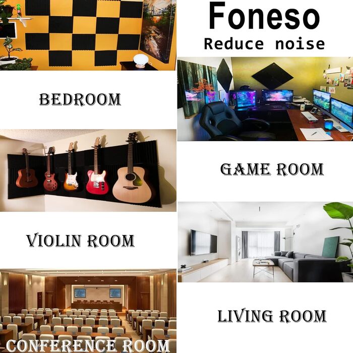 Акустичний поролон Foneso для звукоізоляції, 30x30x5 см, висока щільність 25кг/м³, шумопоглинаючі 3D панелі для студії, офісу та кімнати запису, чорний (48 шт)