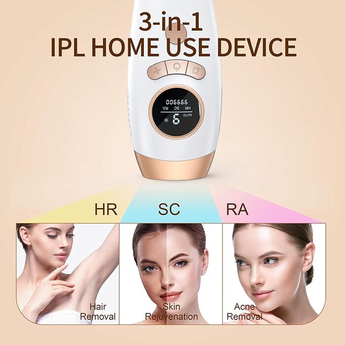 Пристрій для епіляції IPL, безболісне видалення волосся, LCD-дисплей, для жінок та чоловіків, для обличчя, ніг, зони бікіні, білий