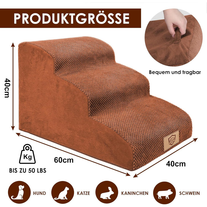 Calling Dog Stairs, Dog Stairs for Small Dogs, Waterproof Dog Stairs 40 cm High, Injury Prevention High-Quality Sponge Cat Stairs, Non-Slip Washable Dog Ramp for Sofa Bed Car (3-Step Dog Stairs, Brown)