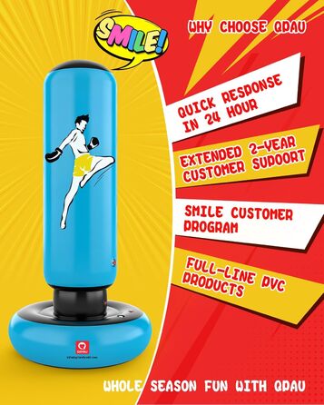 Дитячий боксерський мішок QPAU з рукавичками, надувний, 168 см, для хлопчиків та дівчаток 6-12 років, блакитний