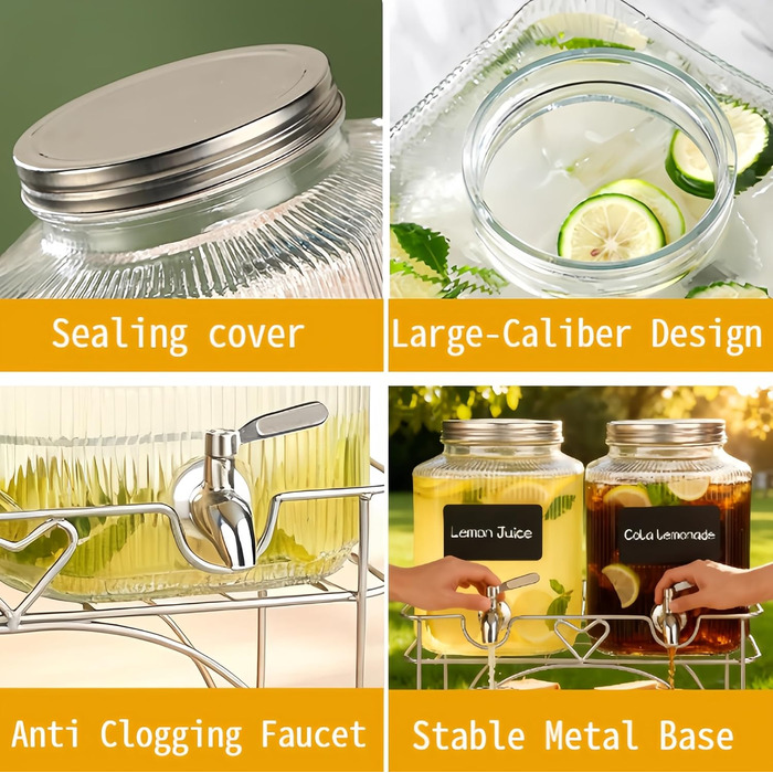 2 шт. диспенсер для напоїв на 4.5 л зі скляним краном, широка горловина, диспенсер для напоїв, підставка та нержавіюча сталь - для вечірок, коктейлів, соку, води та напоїв 4.5 л, 2 шт.