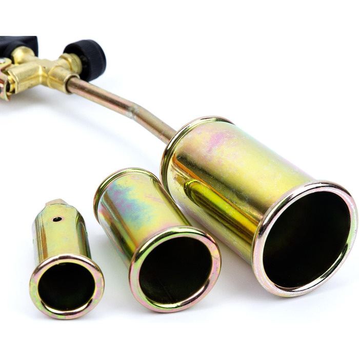 Gas burner roof burner 3-piece set with hose (1.5 m) gas soldering device, torch burner, gas pressure regulator 4 bar with adapter, 3 burner attachments: Ø 25 mm, Ø 35 mm, Ø 50 mm, up to 1850 °C SN0286R