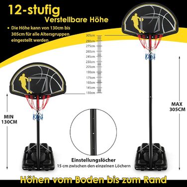 COSTWAY Adjustable Height Basketball Hoop System - Outdoor Mobile Basketball Stand with Wheels & Weight Bag - 130-305cm