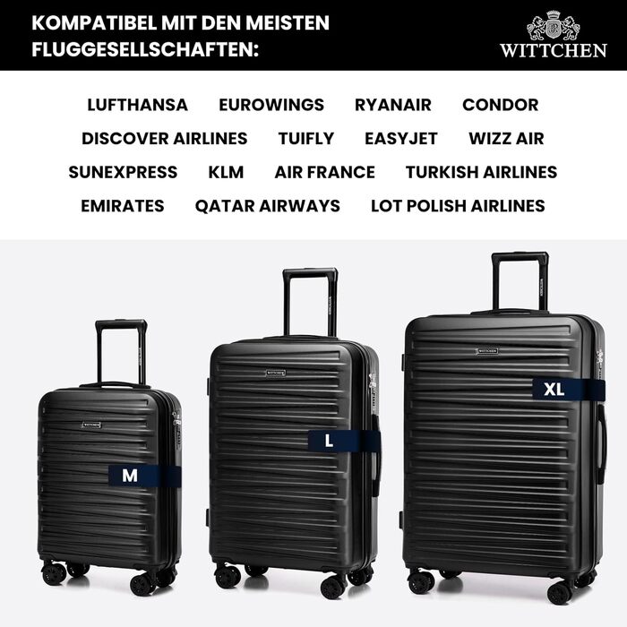 WITTCHEN Skyspeed Line - великий валіза з жорстким корпусом ABS, 4 колеса, телескопічна ручка, комбінаційний замок, чорний. Підходить для авіакомпаній Lufthansa, Eurowings, Ryanair, Condor