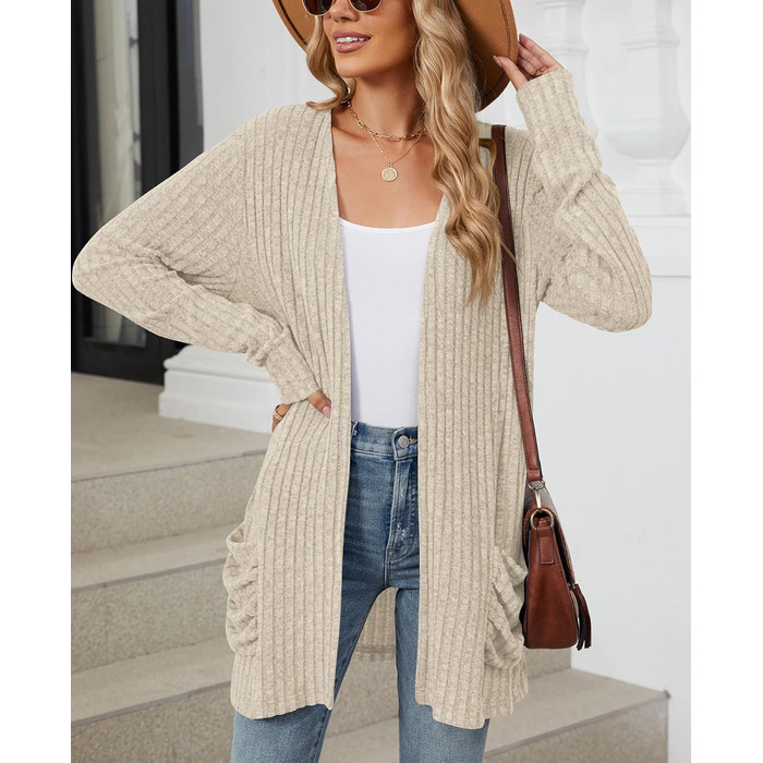 Кардиган жіночий Strickjacke Eegant бежевого кольору, розмір XXL. Теплий в'язаний кардиган з кишенями, еластичний трикотаж.