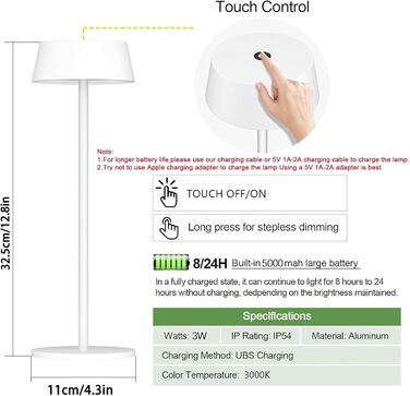 Світлодіодний акумуляторний настільний світильник Klighten з димером, сенсорний, металевий, алюмінієвий, IP54, тепле біле світло 3000K, антрацит