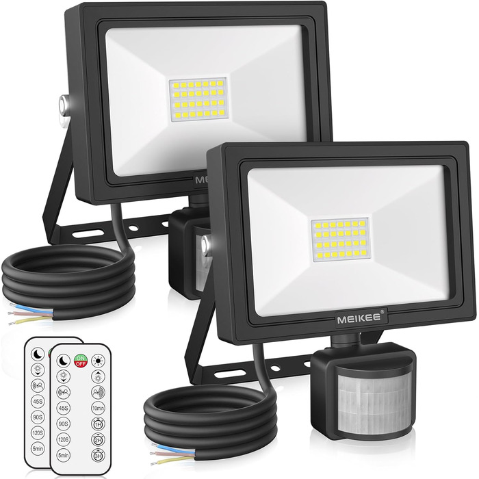 MEIKEE 25W LED Floodlight with Motion Sensor, Remote Control, 2100 LM, 6500K Cool White, Super Bright, 3 Modes, 10 Brightness Levels, Outdoor Floodlight, IP66 Waterproof, Spotlight for Garden, Garage, Sports Field, 2 Pack