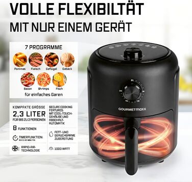 Фритюрниця повітряна GOURMETmaxx 2.3л з таймером та сенсорним екраном | 8 функцій, 7 програм | Економія енергії, майже без олії | Міні-піч 1000 Вт