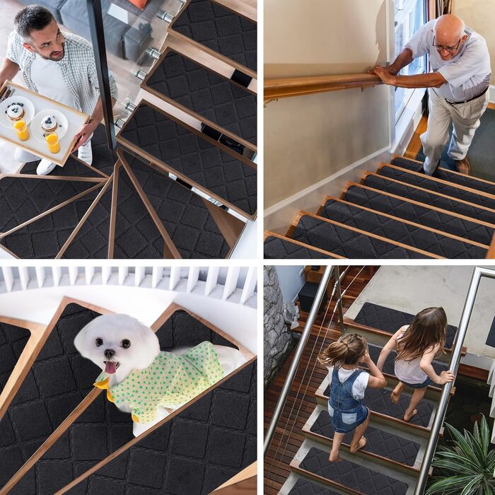 Килимки на сходи YISUN 15 шт., самоклейні, антиковзні, 20x65 см (Сірий/Чорний), для дітей, літніх людей та собак, для внутрішнього та зовнішнього використання