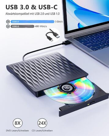 Зовнішній DVD CD привід DANGZW USB 3.0 Type-C, портативний DVD-записувач та плеєр для ноутбука та ПК, сумісний з Windows, Linux, MacOS, матовий чорний