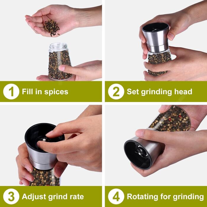 Набір ручних мельниць для солі та перцю 2 шт. з регульованим керамічним жорном, 180 мл