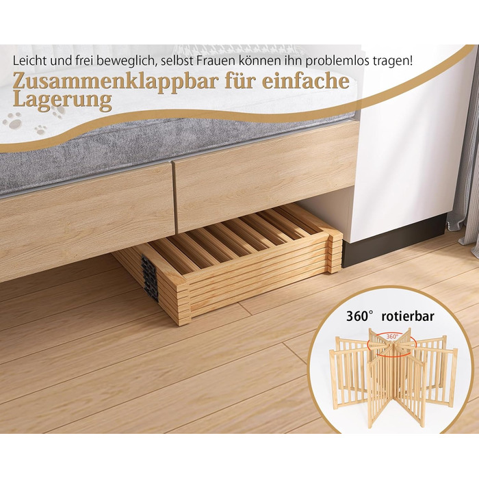 Дверцята для собак з дерева, розкладні, для кухні, коридору, вітальні, сходи. Захисний бар'єр для маленьких та середніх собак, дерев'яного кольору, 2P 58 см.