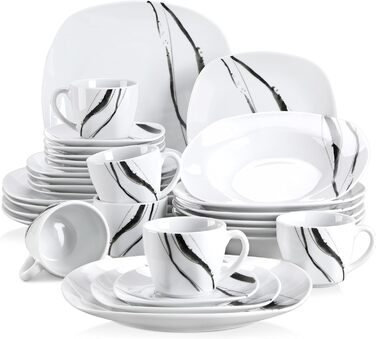 Набір посуду VEWEET FIONA (30 предметів): тарілки та миски для 4 осіб, чорно-сі лінії, для вечері, безпечний у мікрохвильовці та посудомийній машині