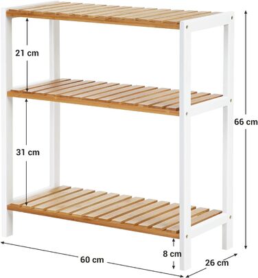 Бамбукова полиця SONGMICS 3 яруси для ванної, кухні, взуття, 60x26x66 см, натуральний/білий, універсальний стелаж