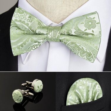 HISDERN Комплект краватки з візерунком пава, нагрудного хустинки та краваткових затискачів для чоловіків. Ідеально підходить для весілля, свят, Різдва, Хелловіну. Колір: салатовий.