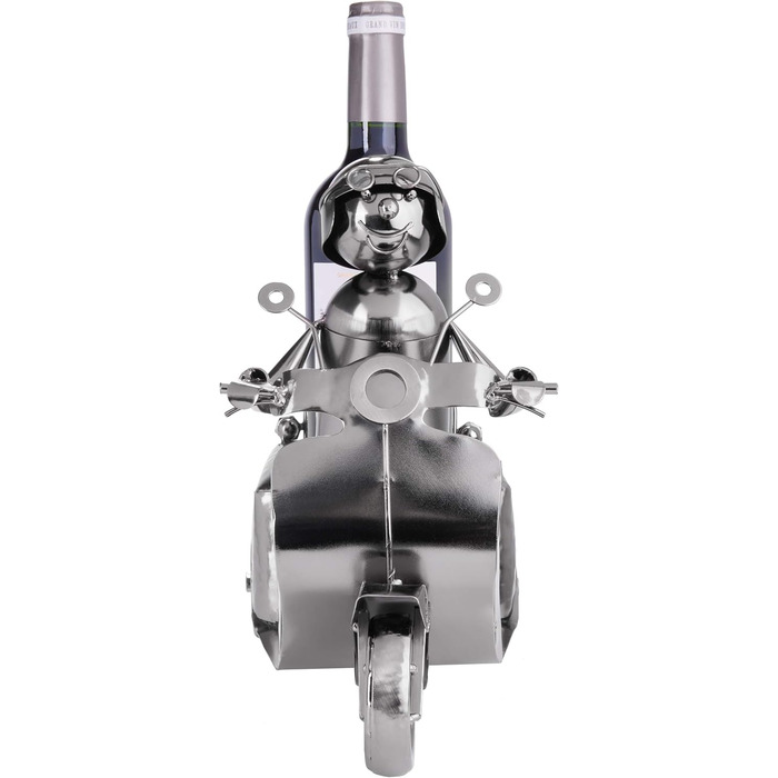 BRUBAKER Wine Bottle Holder Scooter Rider Silver - Metal Sculpture Bottle Stand - 27 cm Metal Figure Wine Gift for Scooter Fans - with Greeting Card