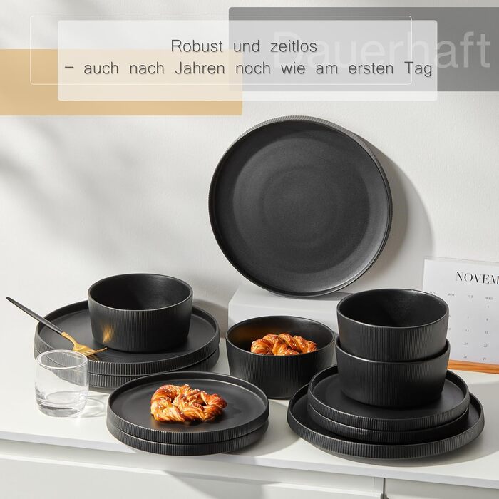 Набір посуду Jiwoo на 4 особи (12 предметів): тарілки, миски, десертні тарілки, Bone China, чорний матовий, для мікрохвильовки та посудомийної машини