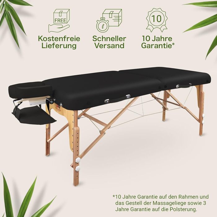 Масажне ліжко MASSUNDA Mobile Comfort Deluxe – розкладне, регульоване по висоті, широке, з дерев'яним каркасом, ергономічною підголівником, покриттям, підлокітниками та подушкою (Чорний)